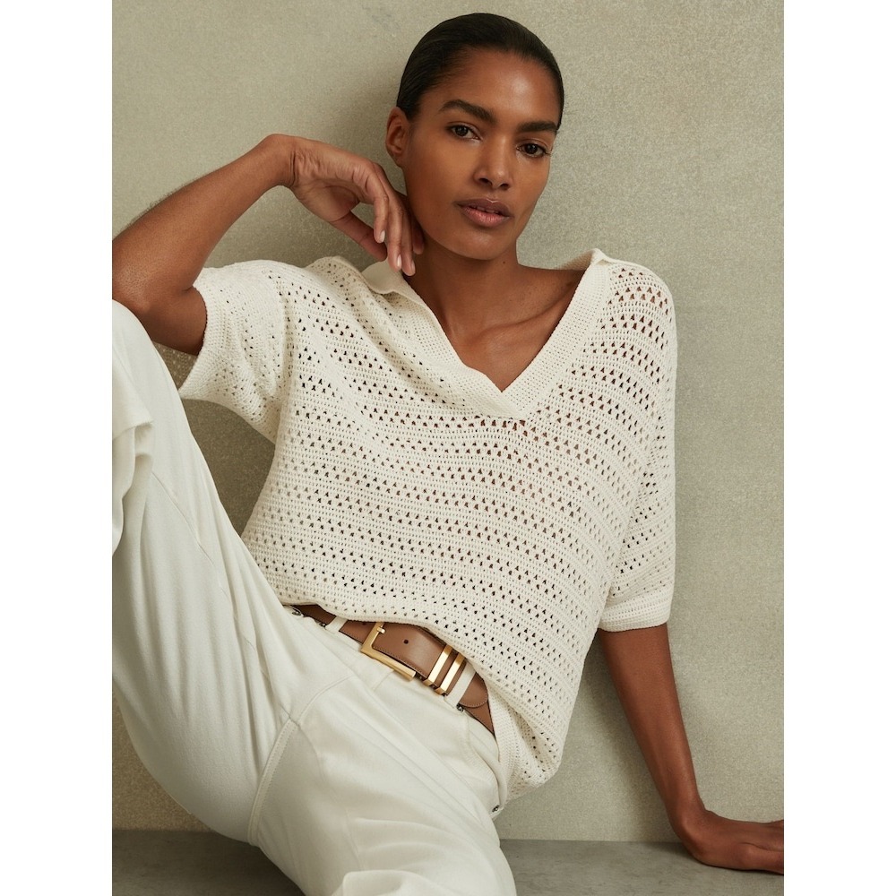 Reiss Carla Cream Open Knit Crochet Polo Shirt Short Sleeve XS Preppy Resortwear